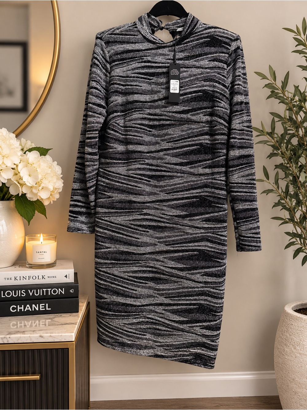 Fashion Nova Black & Gray Striped Mock Neck Mini Dress